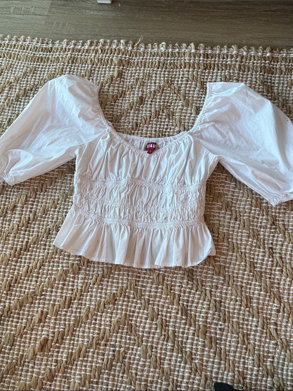 STAUD White Smocked Peplum Puff Sleeve Blouse
